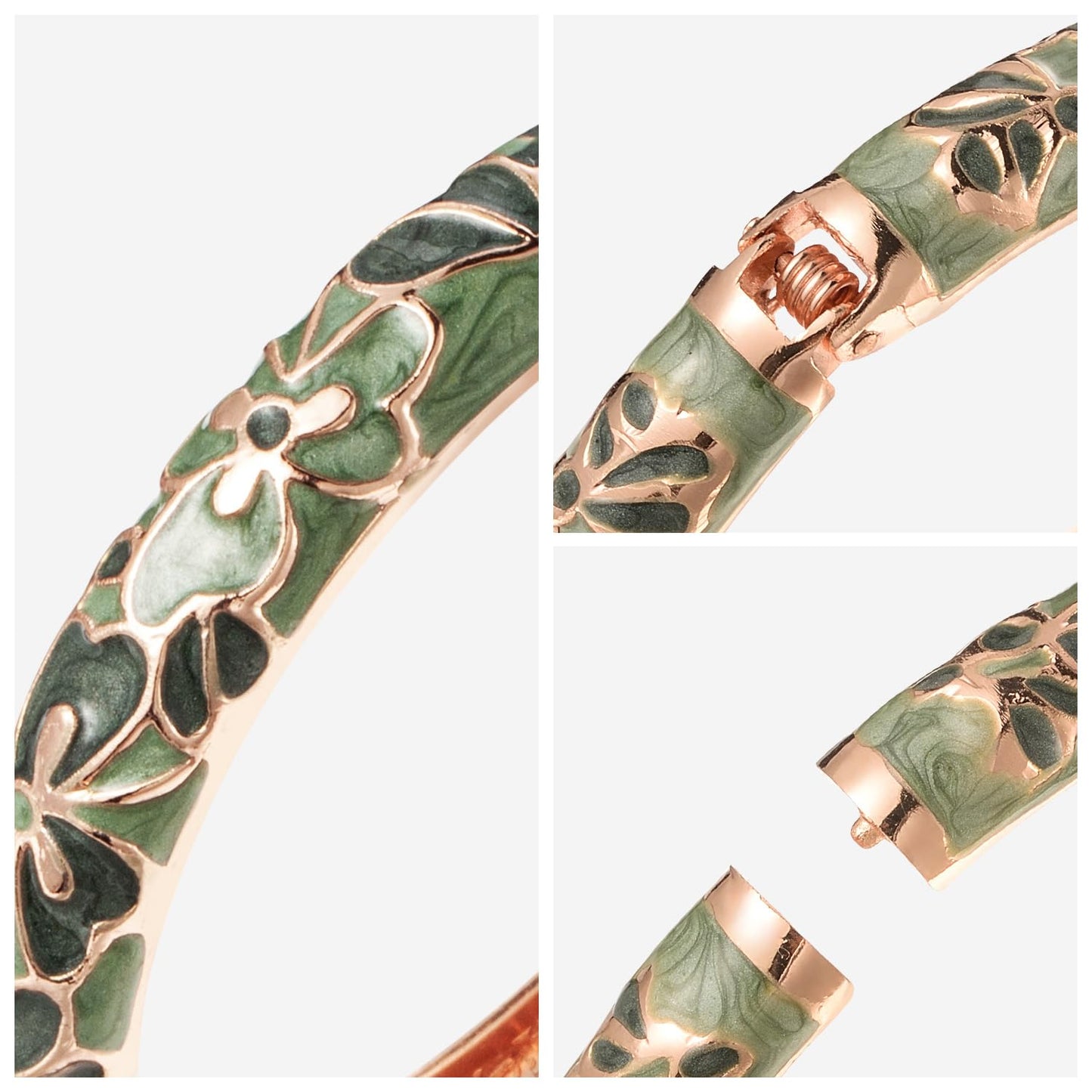 UJOY Vintage Jewelry Cloisonne Handcrafted Flower Enameled Gorgeous Rhinestone Hinged Cuff Bracelet Bangles Gifts 88A10-55A100 Green