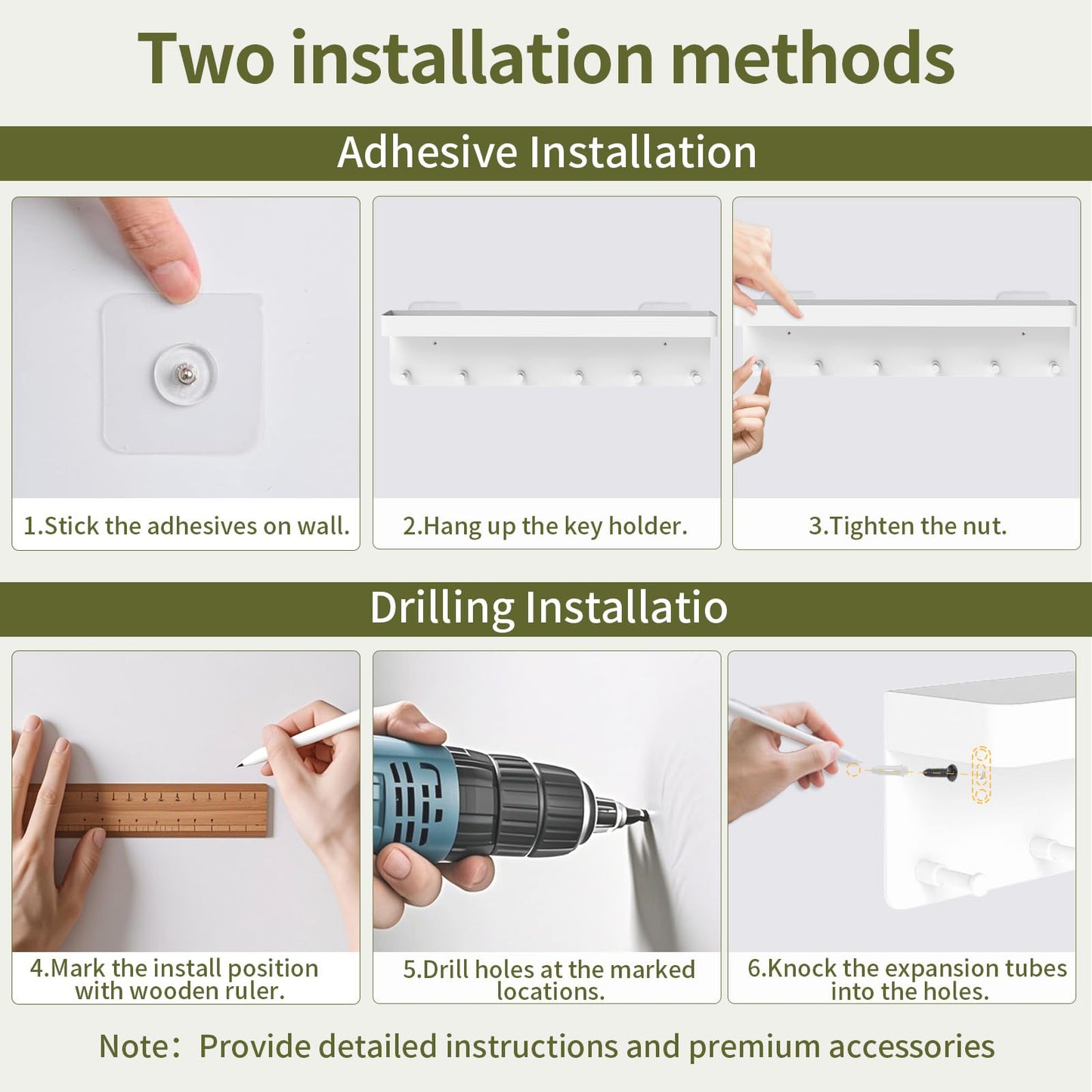 MKO Key Holder for Wall, Mail Organizer and Key Rack Wall Mount with Tray & 6 Hooks for Hallway (White)