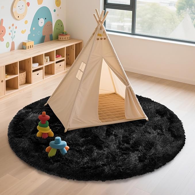 yulidayang Black Fluffy Round Area Rugs for Bedroom,4Ft Shag Circle Area Rugs for Living Room,Non Slip Fuzzy Plush Rug for Kids Boys Girls Room and Dorm Home Decor Rug