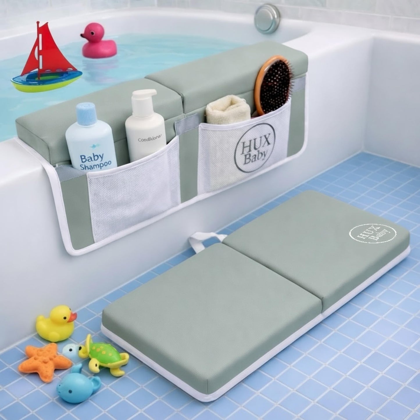 Comfortable Baby Bath Kneeler and Elbow Rest Pad Set, Non-Slip Bathtub Kneeling Pad for Bathing Baby, Bath Tub Cushion Mat, Elbow Pads, Toy Organizer Storage Pockets, Strong Suction Cups (Green Gray)