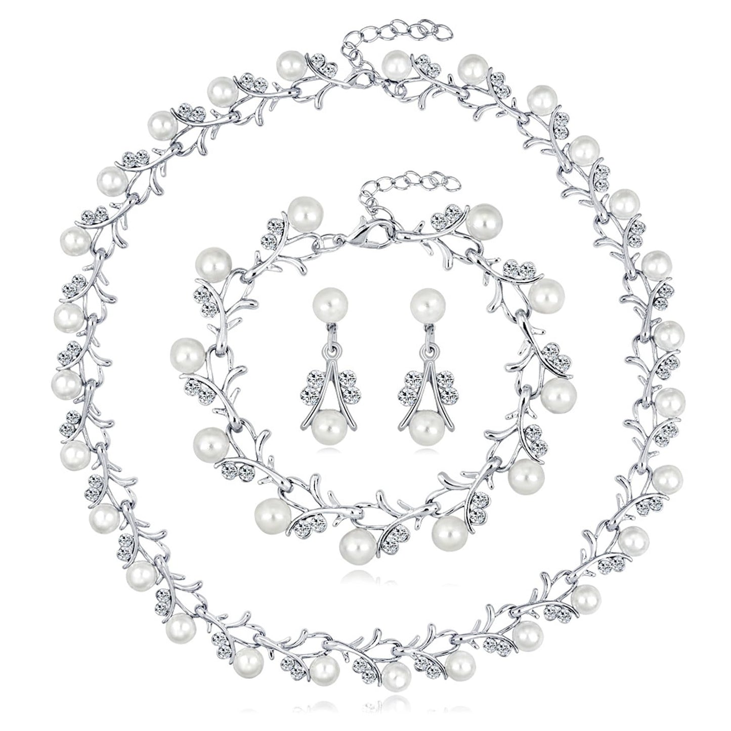 AILUOR Pearl Jewelry Set for Women - 14K Gold/Silver Plated Pearl Necklace, Earring & Bracelet Set - Wedding Bridal Gift (3pcs Silver)