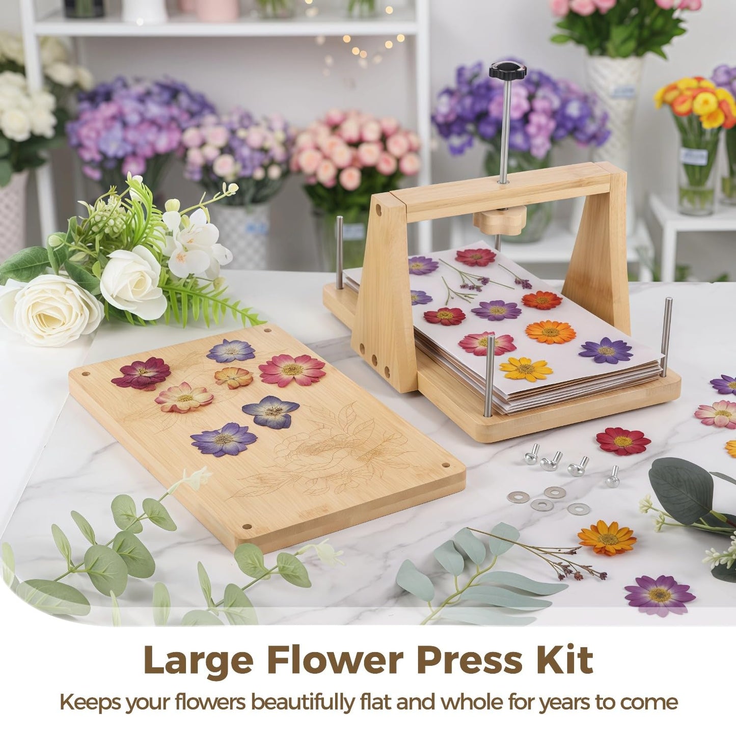 Large Flower Press Kit with 6 Layers, Wood Floral Pressing Kit for Adult DIY Art Craft, Includes Flower Press, Cardboard Plates, Absorbent Paper