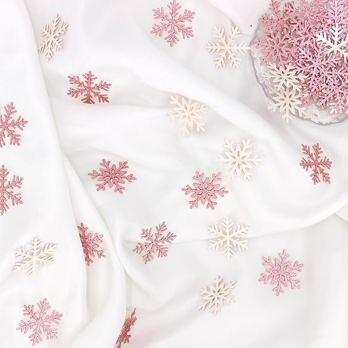 200PC Pink Glitter Snowflake Confetti Winter Onderland Decorations Paper Snowflakes Table Scatter for Winter Wonderland Birthday Baby Shower Party Decor