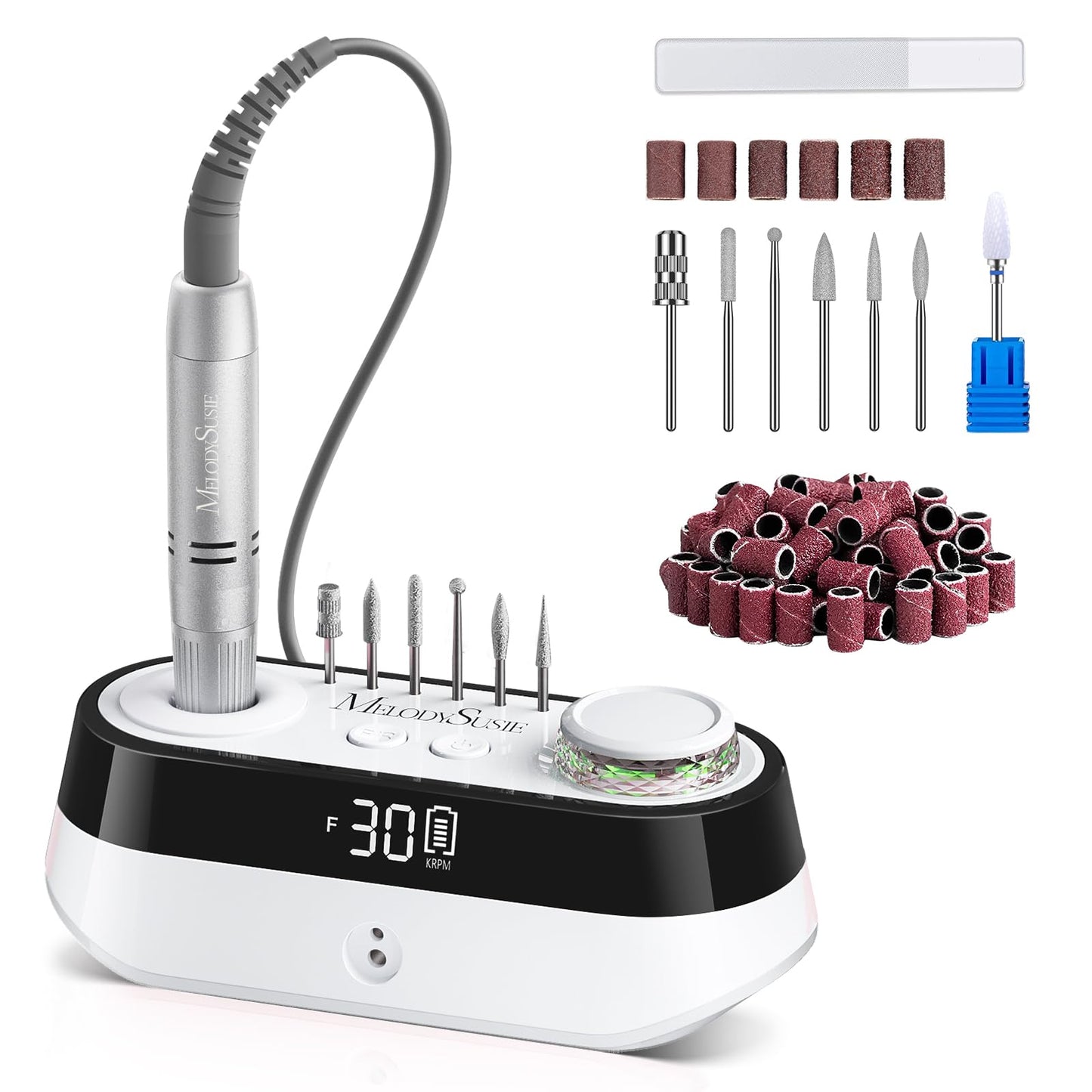 MelodySusie Advanced Desktop Rechargeable Nail Drill with Built-in Bit & Handpiece Storage Holders, SC320A 30000RPM E-File for All Manicure Shaping & Gel Removal, Ideal for Nail Artists & Home Use