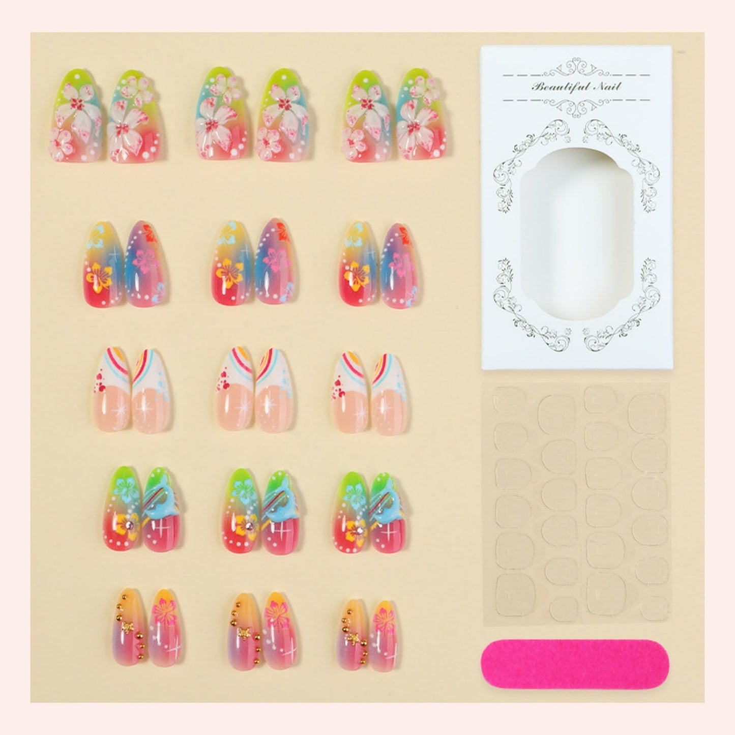 Medium Press on Nails Almond Fake Nails Colorful Artificial Nail Tropical Flower Dolphin Rainbow Gradient Star Dot Summer Beach Design Stick on Nail for Women 24pcs