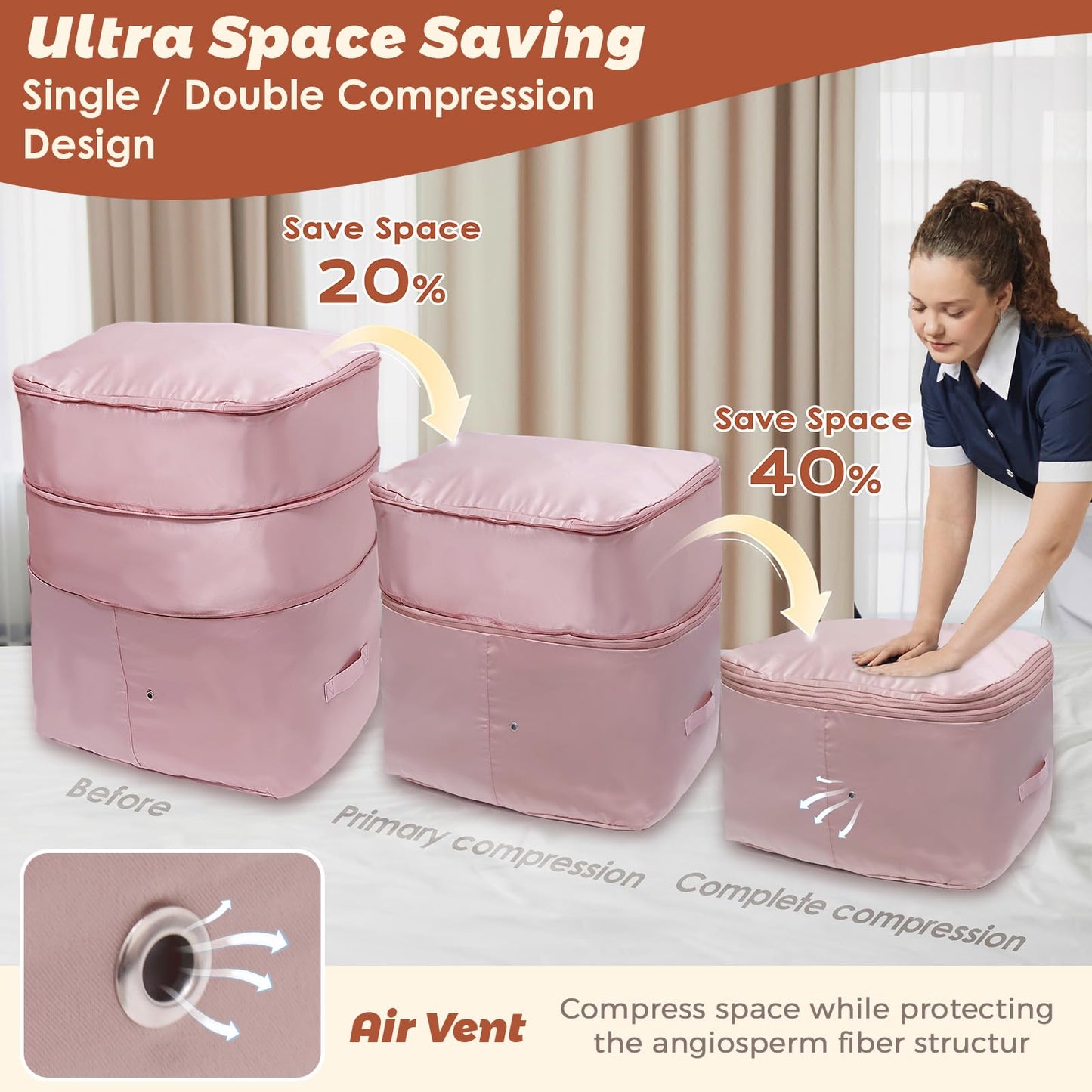 SUNOHE Ultra Space Saving Self Compression Organizers, 2 Pack Double Zipper Compression Packing Cubes for Bedding, Comforter Storage Bag for Blankets Duvet Quilts Pillows Queen King (Gray, X-Large)