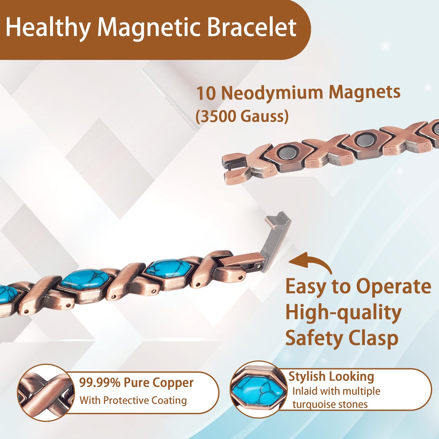 EnerCoppeX Copper Magnetic Bracelet for Women - Turquoize Detox Jewelry with 3500 Gauss Magnet (S)