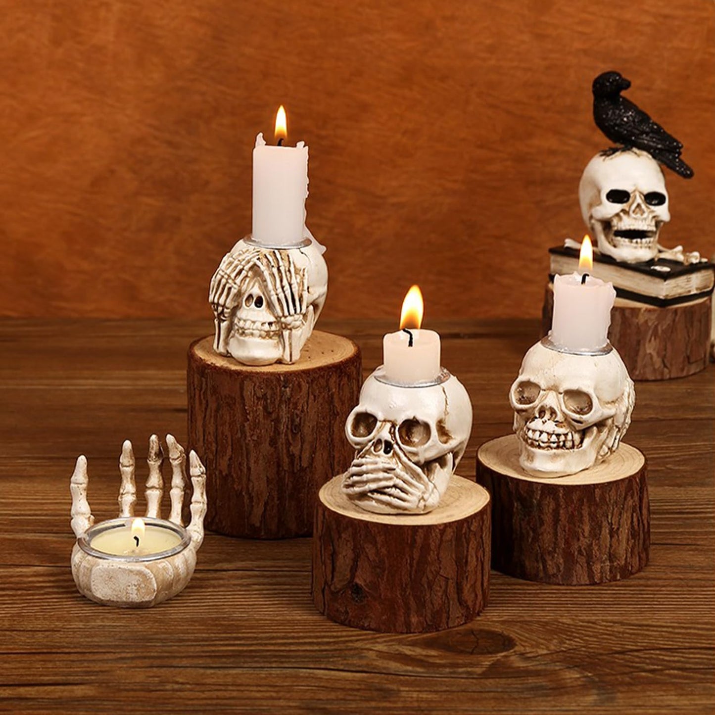 Whaline 4Pcs Halloween Candle Holder Gothic Skeleton Palm Skull Decor Mini Candlestick Holder Resin Tealight Holder for Home Tabletop Spooky Theme Party Decor Supplies