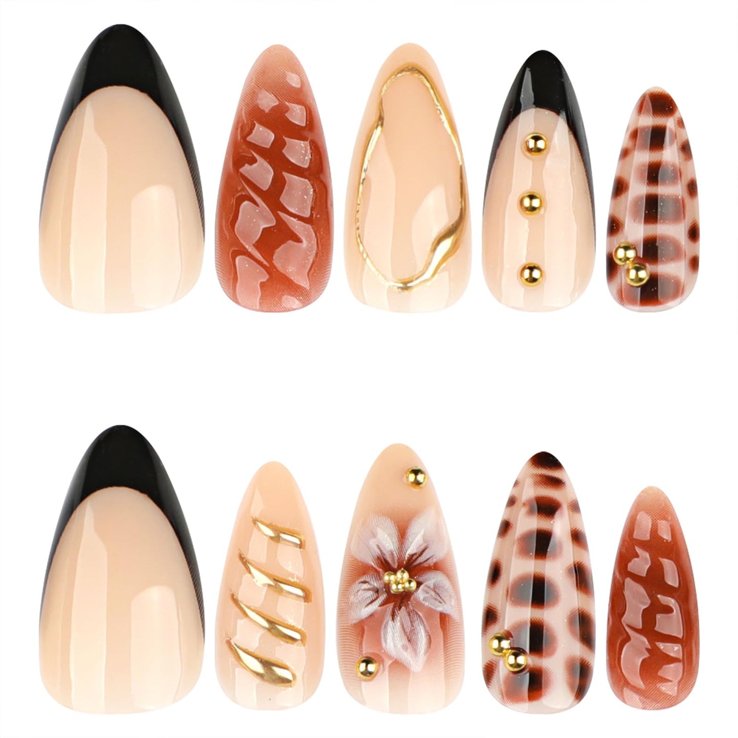 Mivota Brown Soft Gel Press On Nails 24PCS – Mixed Texture Almond Fake Nails with 3D Flower Design, Gold Edge & Snake Pattern, Glossy Reusable Glue On Nails for Women, Trendy Fall Nail Tips