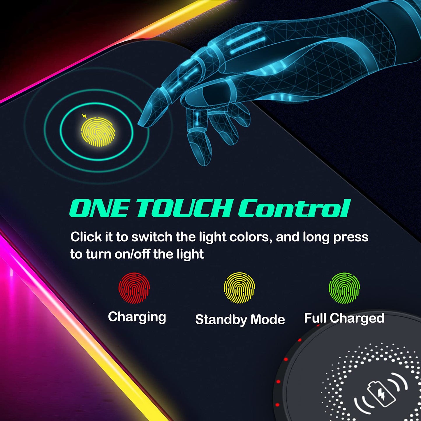 RGB LED Mouse Pad with 15W Wireless Charger Gaming Mouse Pad with 10 Light Modes, Extra Large Mousepad Non-Slip Rubber Base Computer Keyboard Mat for Men