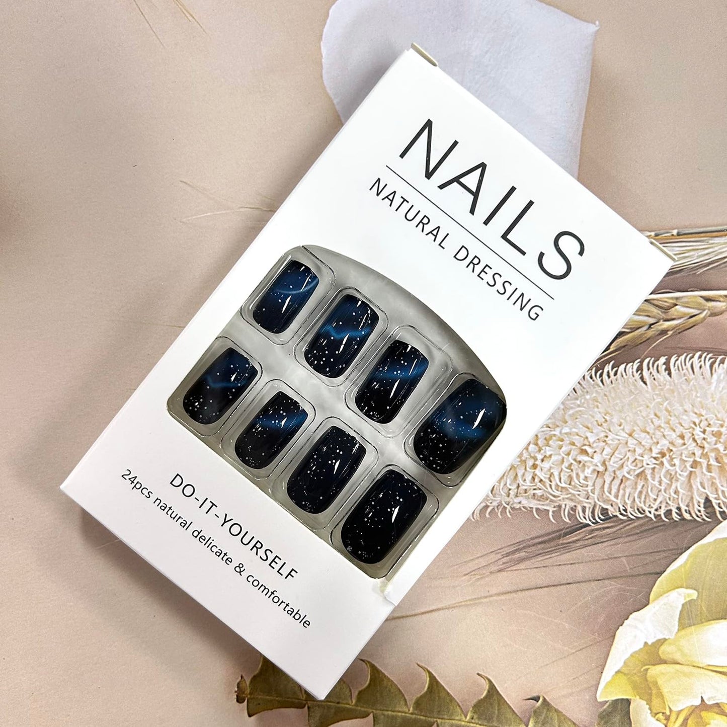 Stars False Nails Press on Nails Medium Blue Starry Sky Smudge Pattern Design Square Fake Nails Full Cover Acrylic Nails Press Nails with Charm Artificial Stick on Nails Glossy Acrylic Nails for Women