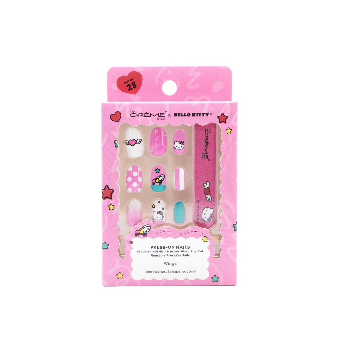 The Crème Shop x Hello Kitty Wings Collection Press On Nails, Short Squoval Shape, 28 Nails Kit with Glue and Tools (Wings Pink)