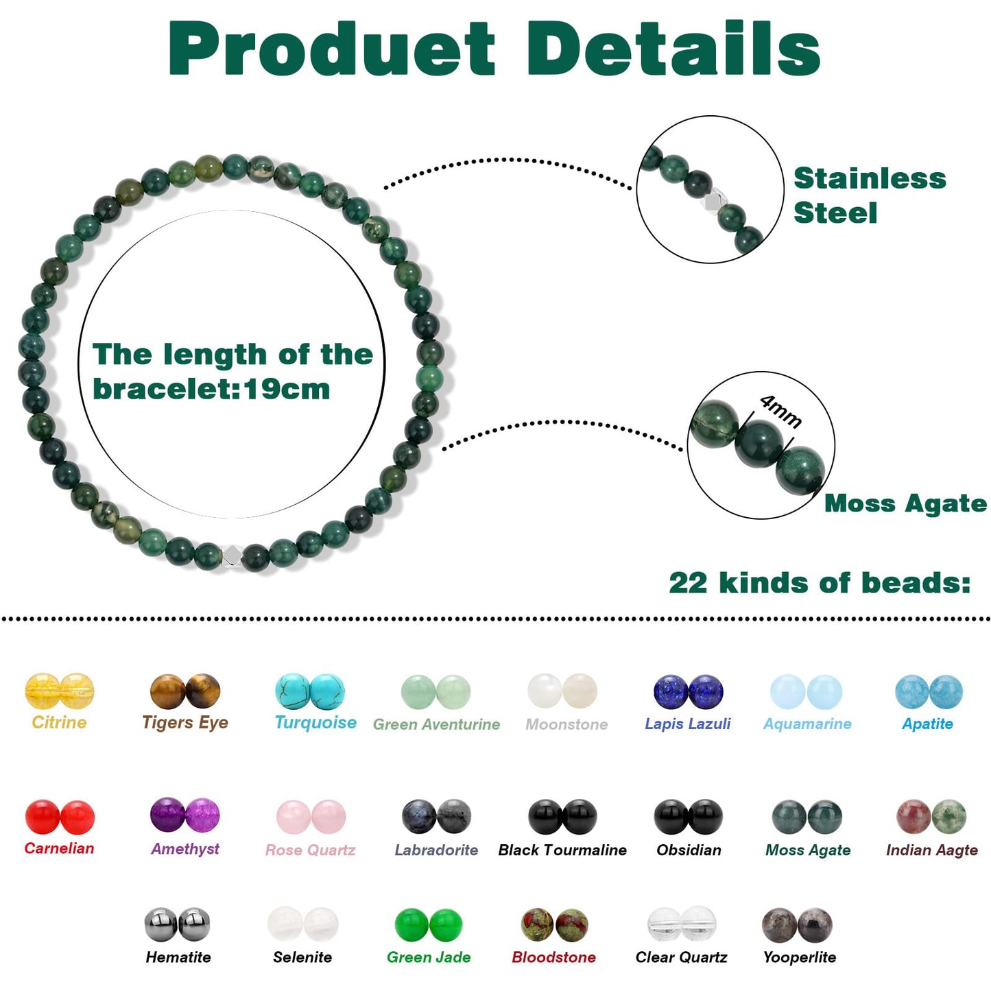 Raicegs 4MM Moss Agate Beaded Bracelets Healing Crystal Bracelet for Women Men Natural Stone Handmade Stretch Bracelet Reiki Spiritual Jewelry