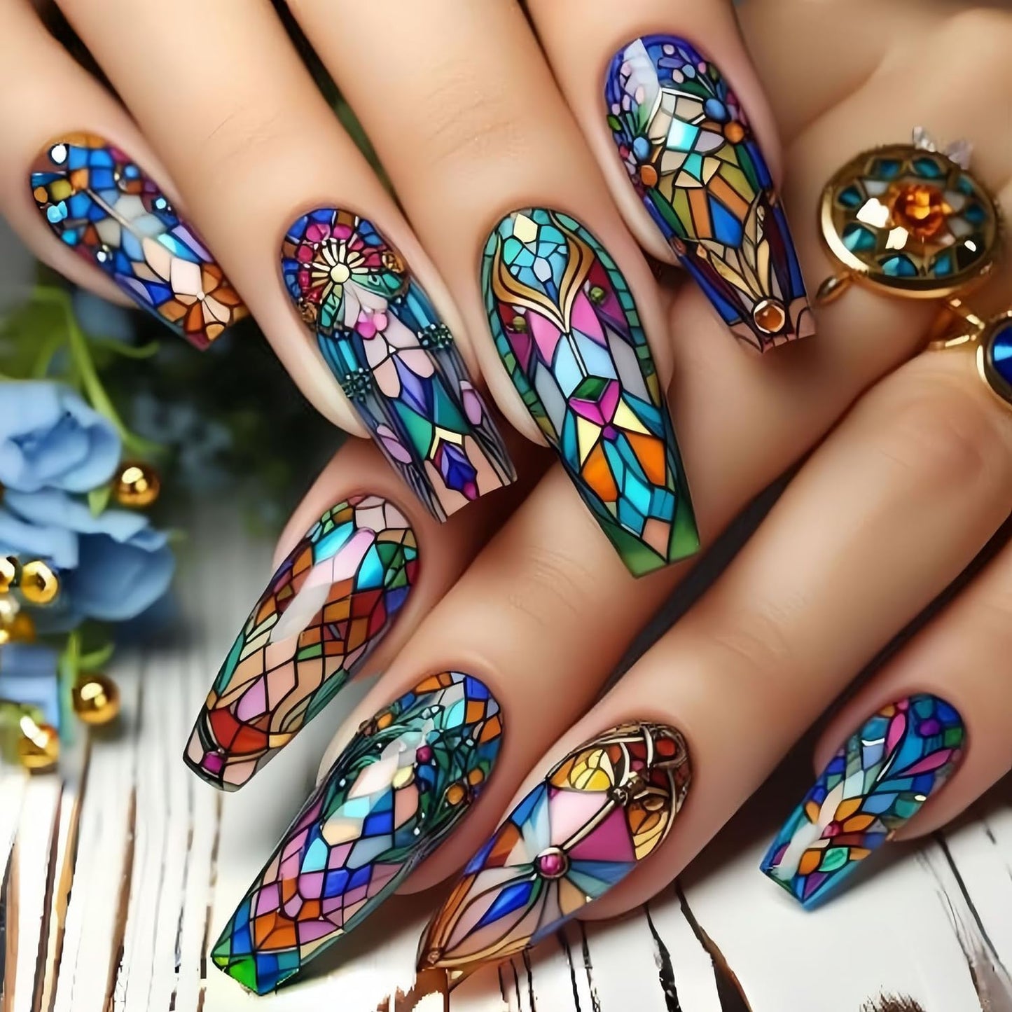 CJDLTS Colorful Geometry Press on Nails Long Ballet Shaped Full Cover Glossy Acrylic Press Ons Fake Nail Ballet Artificial Stick on Nail DIY Reusable Glue on Nails for Women 24Pcs
