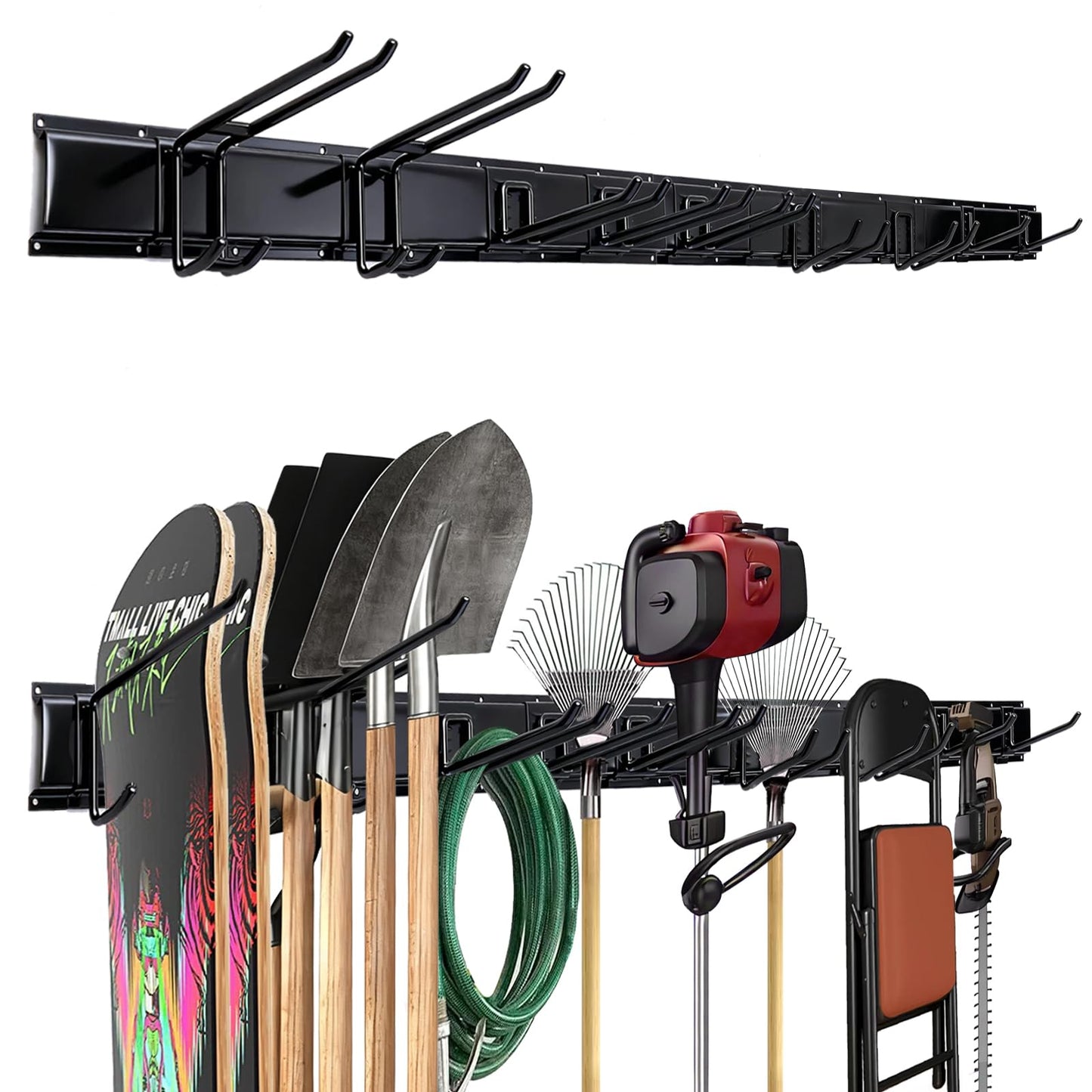 Dovalunetra 66'' Heavy-Duty Garage Tool Organizer Wall Mount – 720lbs Capacity Metal Rack with Adjustable Hooks for Rake, Broom, Shovel, Snowboard & Garden Tools
