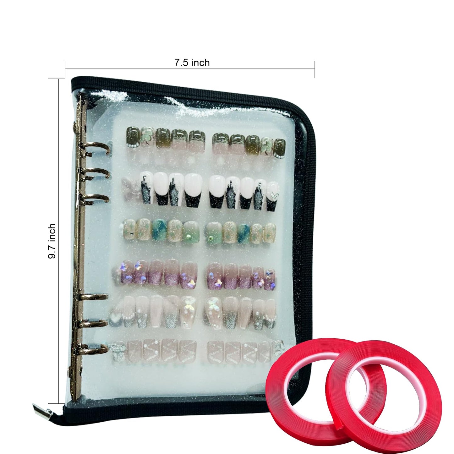 A5 Zipper Press On Nail Organizer - Empty Nail Storage Box for Fake Nails, Nail Display, Includes 6pcs Nail Tapes - Durable Nail Packaging for Fake Nail Storage & Organization