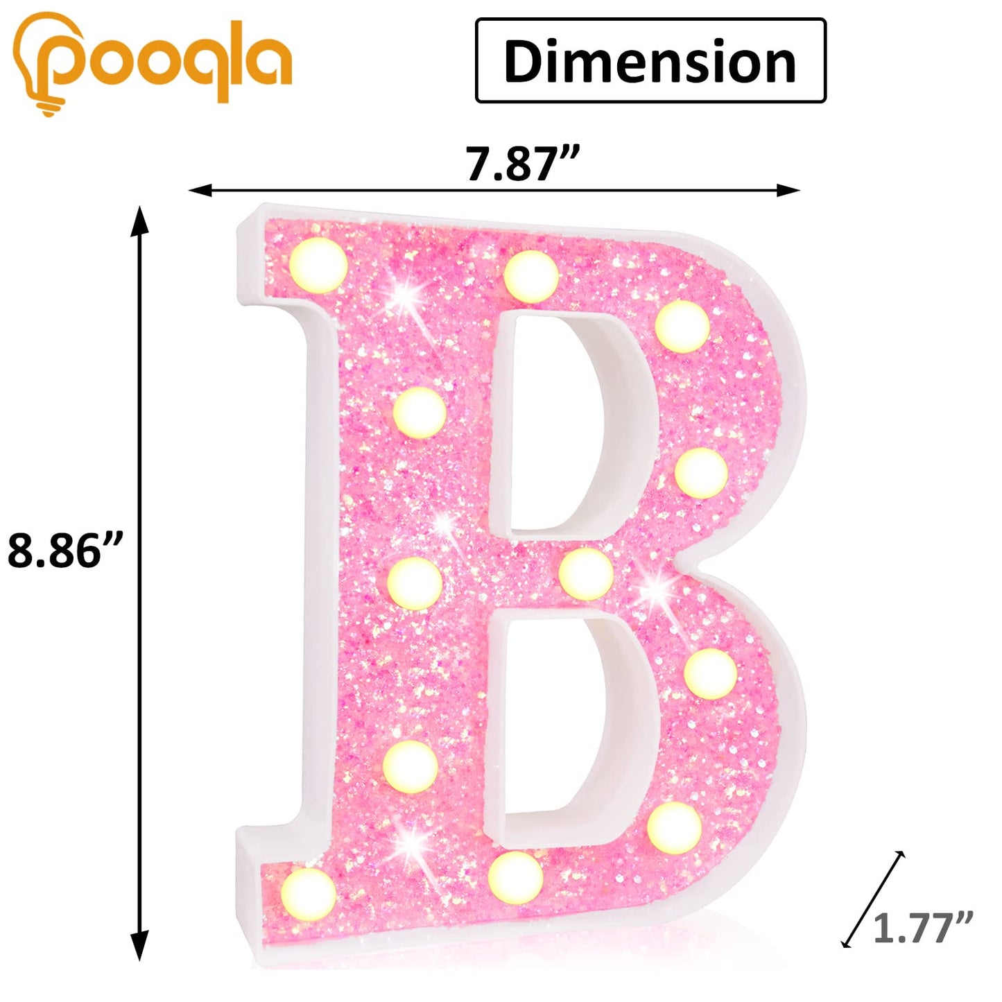 Pooqla LED Marquee Lights, Pink Glitter Alphabet Letters - Battery Powered Night Light, Birthday Party, Wedding, Home Bar, Christmas Decoration - Letter B