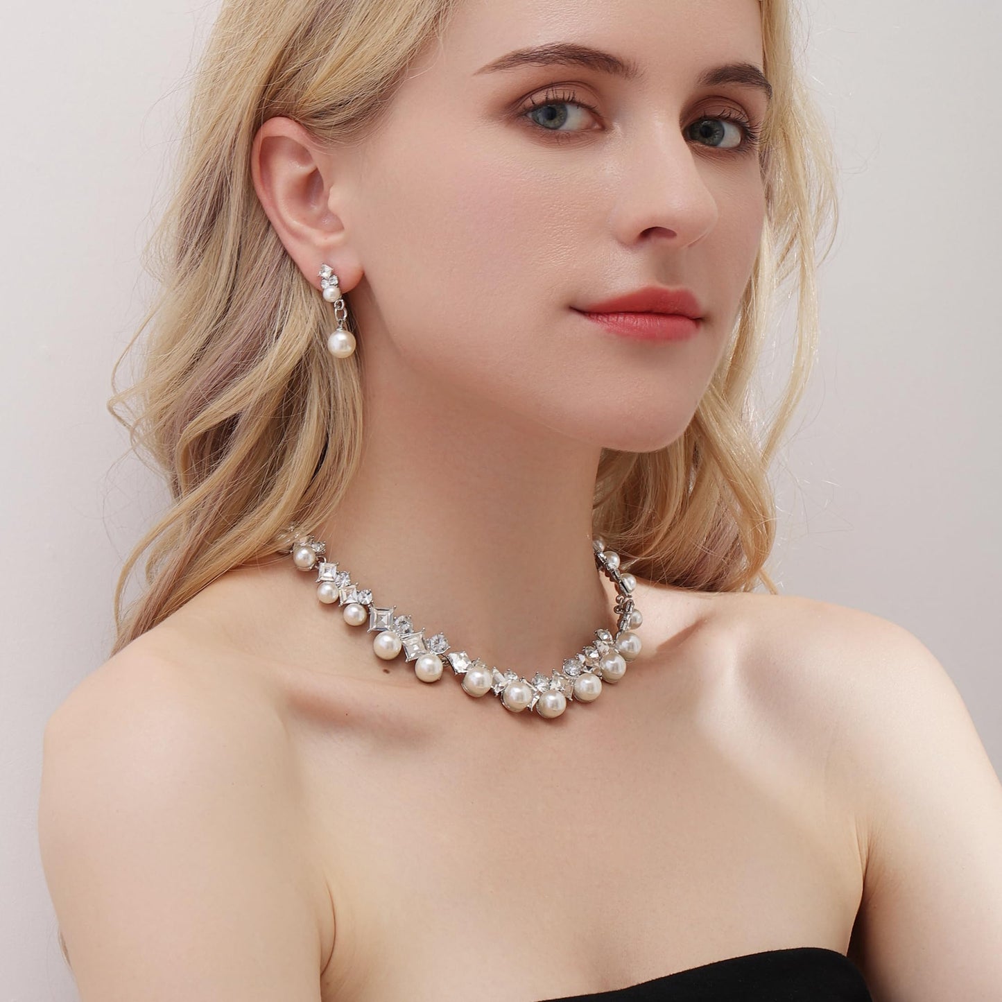 Ailunor Pearl Jewelry Set: 14K Gold/Silver Plated Pearl Drop Earrings, Bracelets & Choker Necklace - Wedding Bridal Gift (2pcs Silver)