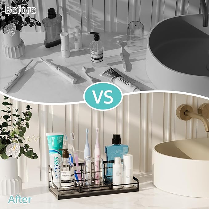 Toothbrush Holders, Bathroom Organizers and Storage with with Instant Drying Stone, 6 Slots Bathroom Accessories with Adjustable Toothpaste Holders, Bathroom Counter Organizer, Black