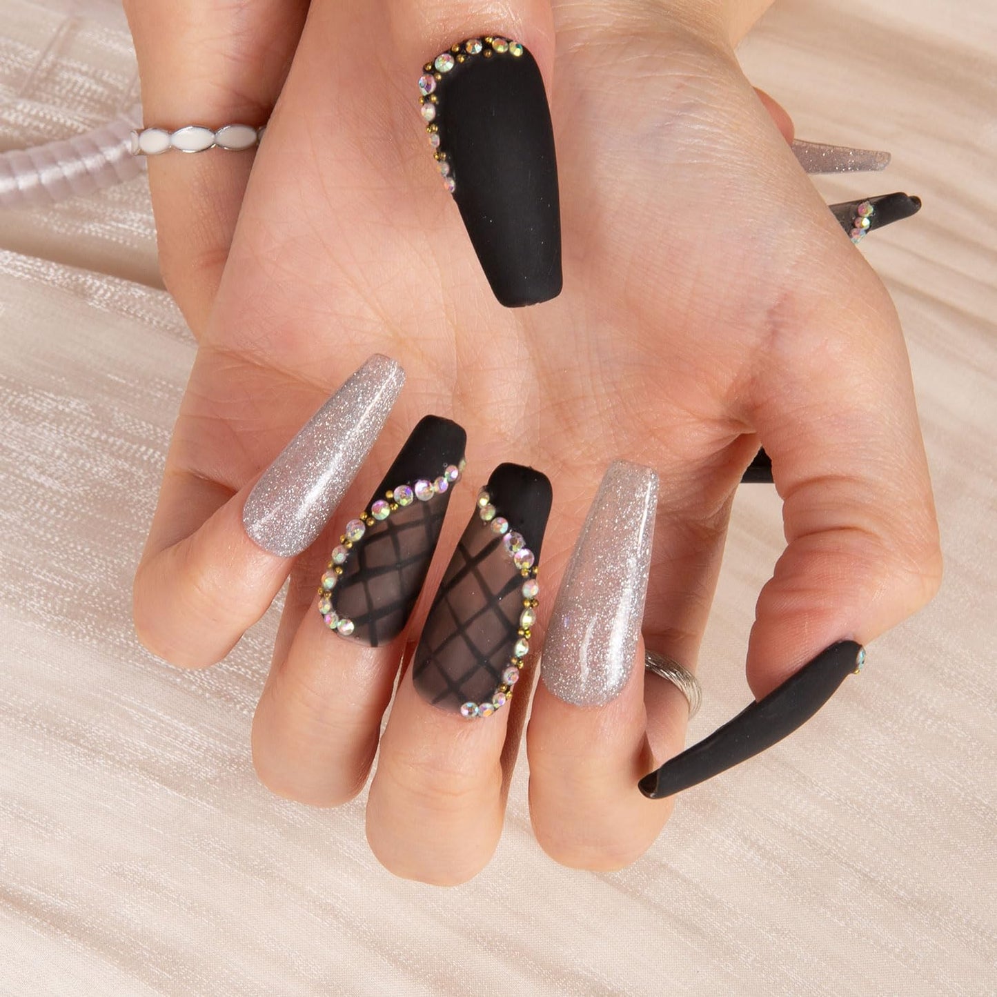 LOVFUL Press on Nails Black Lace | Handmade with Full Covered Crystals | Reusable Full Cover Nails | Coffin Classic Regular 1.3 in | H114-L