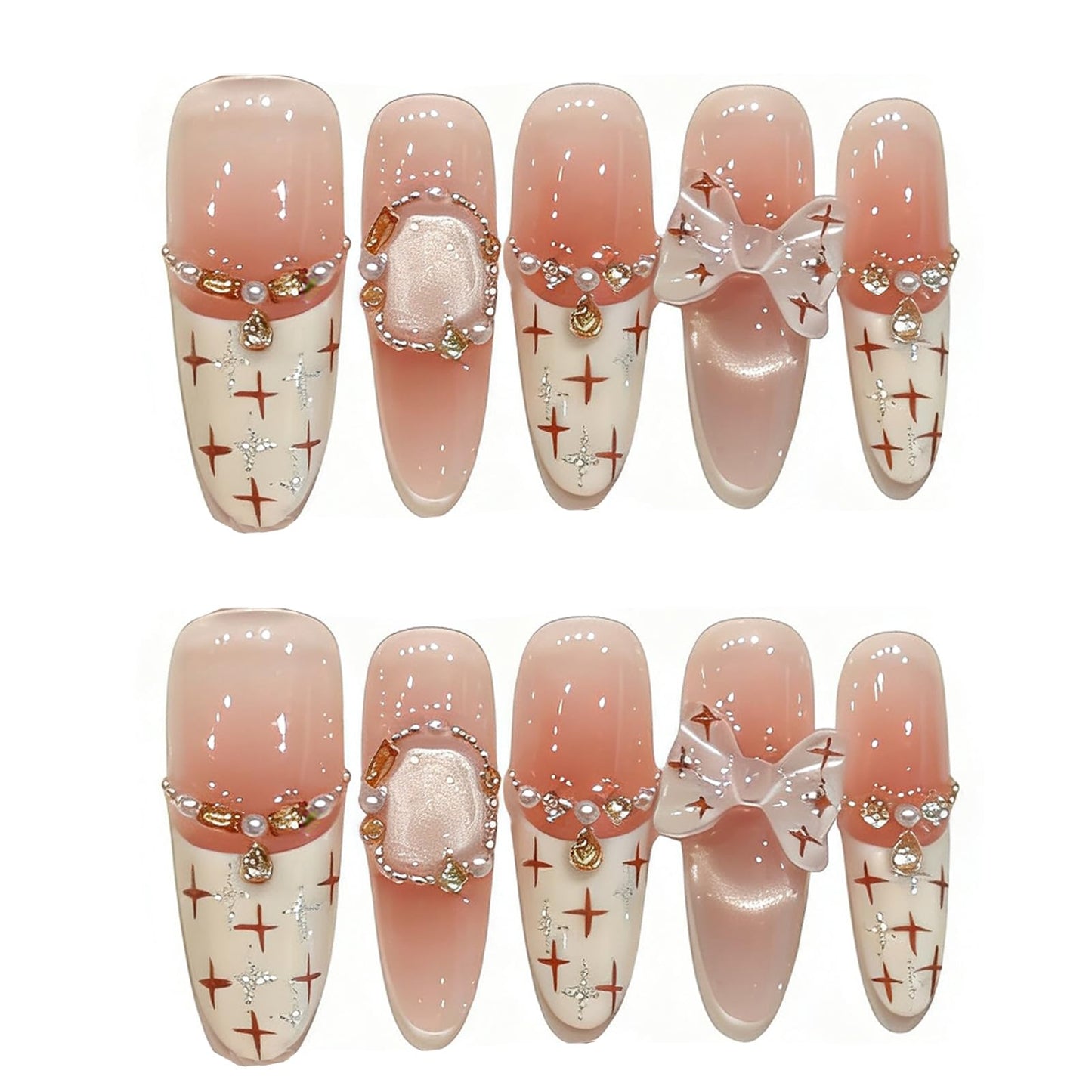Handmade Press on Nails Stiletto French Style with Cat Eye Gradient in Oil White Adorned by a Decorative Bow and Diamonds Handmade Stiletto Press on Nails 3D Luxury Press on Nails（S）