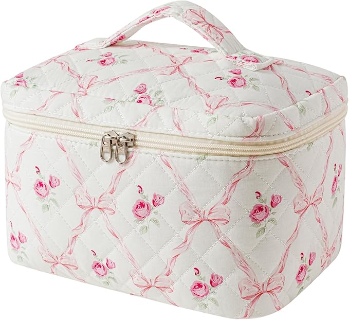 3Pcs Aesthetic Cotton Quilted Drawstring Makeup Bag Set, Aesthetic Cute Bow Makeup Pouch for Girls and Women, Aesthetic Travel Organized Cosmetic Bags for Purse(02Pink Flower Bow)