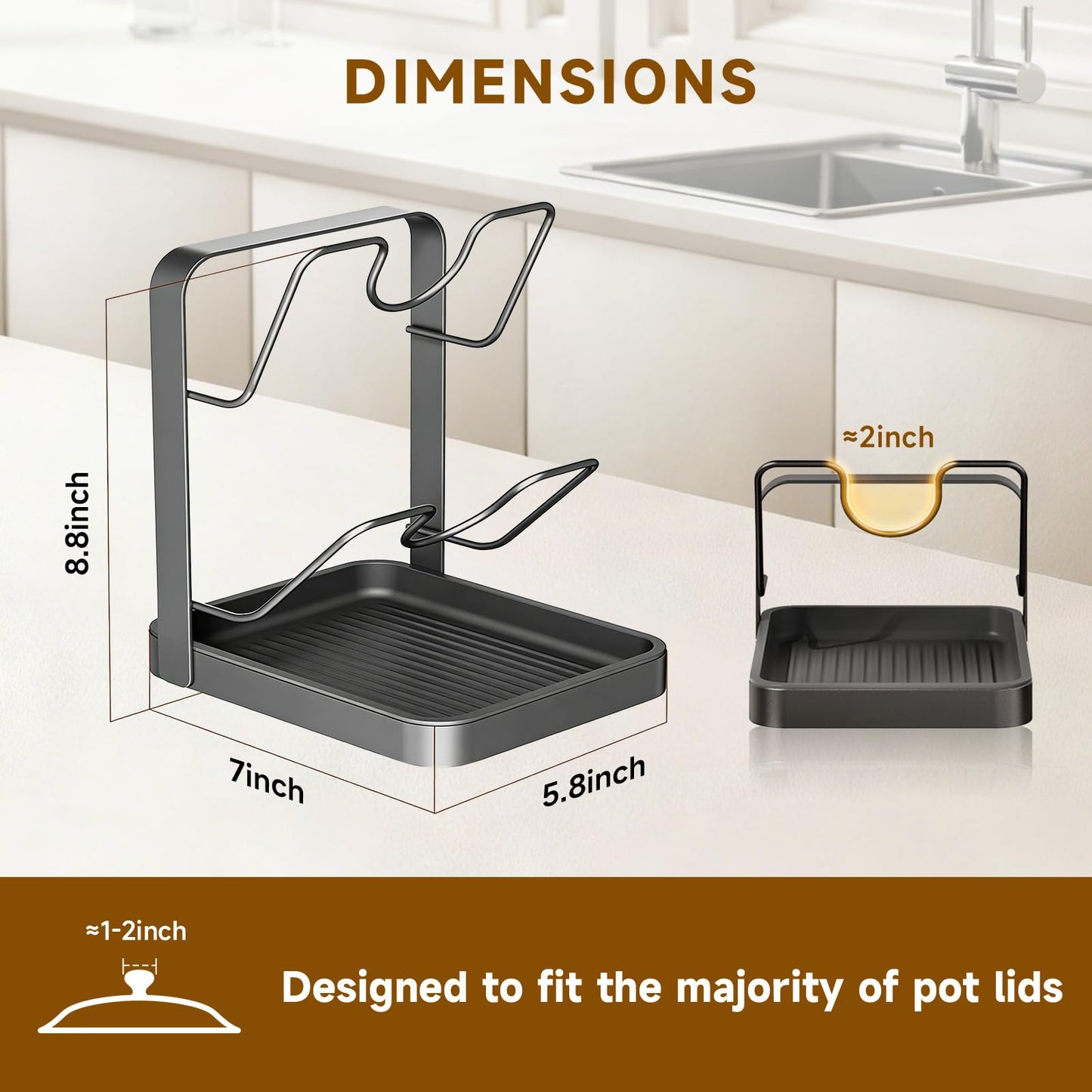 LzzzFZCF Kitchen Pot Lid Storage Rack, 2-Tier Lids Holder with Detachable Drip Tray While Cooking, Multifunctional Countertop Organizer for Cutting Boards, Ladles and Pan Covers
