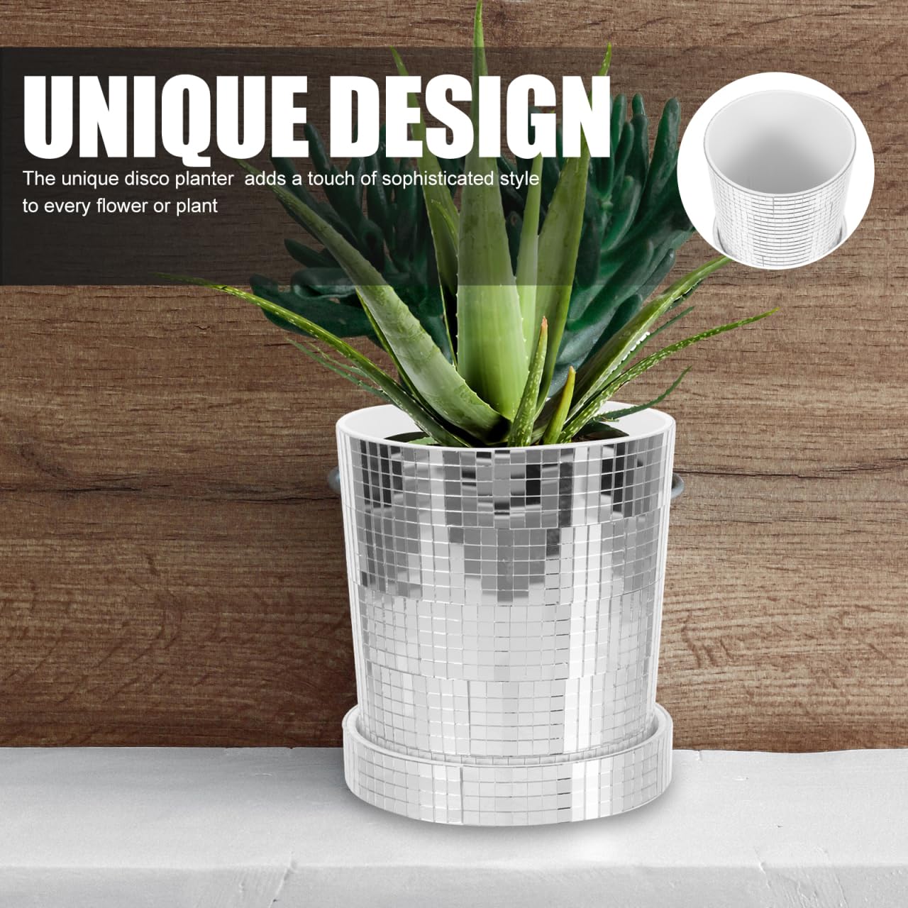 Outanaya Disco Planter Pot for Indoor and Outdoor Succulents Plastic Flowerpot with Silver Mirror Finish Small Decorative Container for Home and Garden