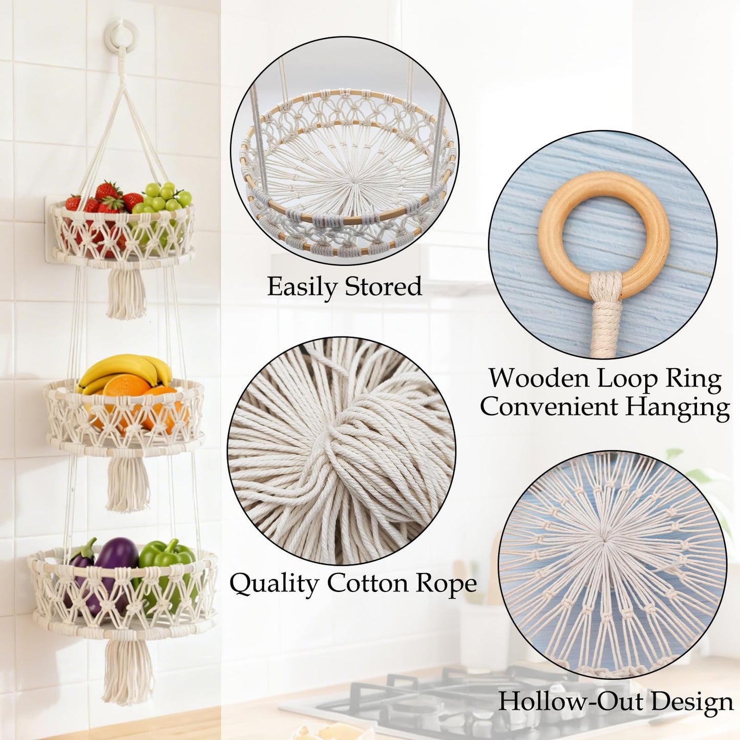 MuuXii 3 Tier Hanging Fruit Basket, Macrame Hanging Basket for Fruit and Vegetable Storage, Cotton Rope Woven Baskets, Boho Wall Baskets Organizing Hanging Plant Holder for Indoor Kitchen Decor