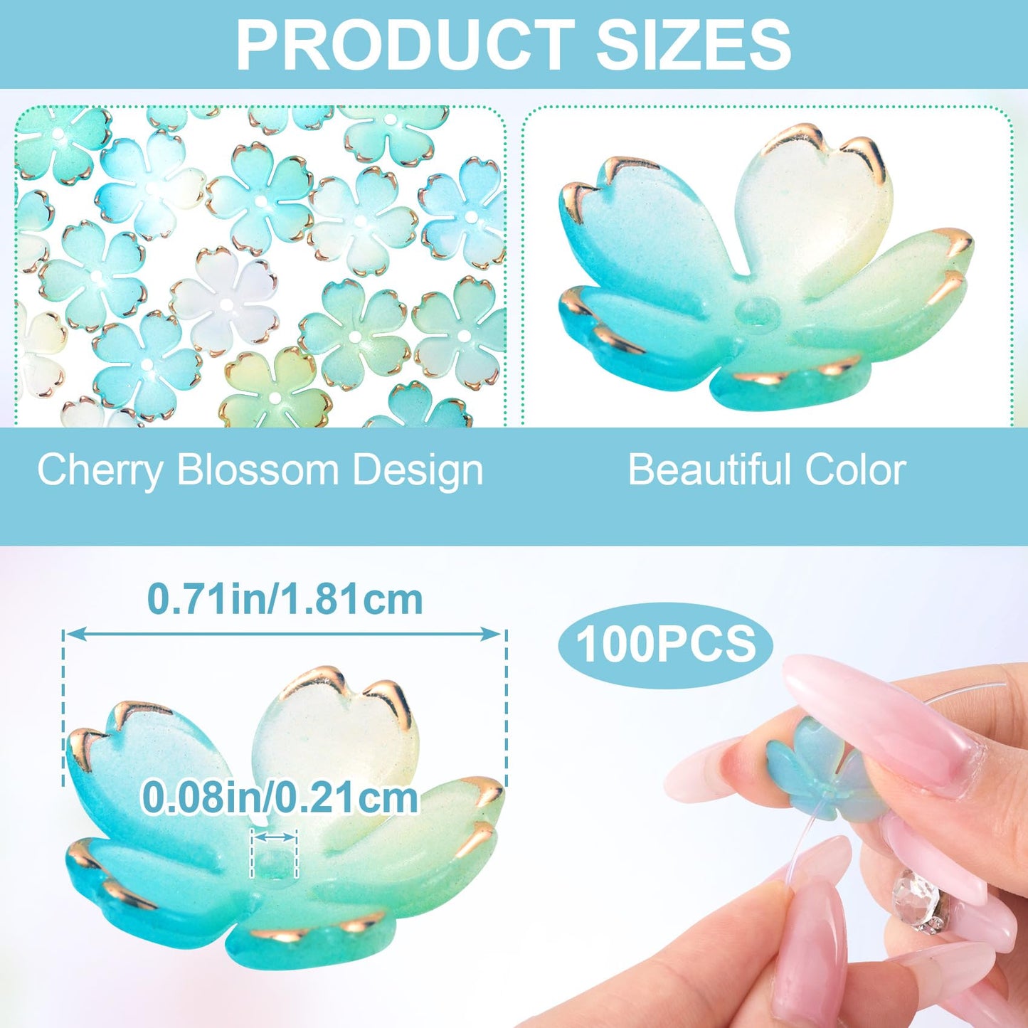 CustomyLife 100pcs Cherry Blossom Beads, 5-Petal Gradient Acrylic Flower Beads, Mini Spacer Hair Accessories Halloween Christmas for Bracelets Earring Jewelry Making- Blue & Green