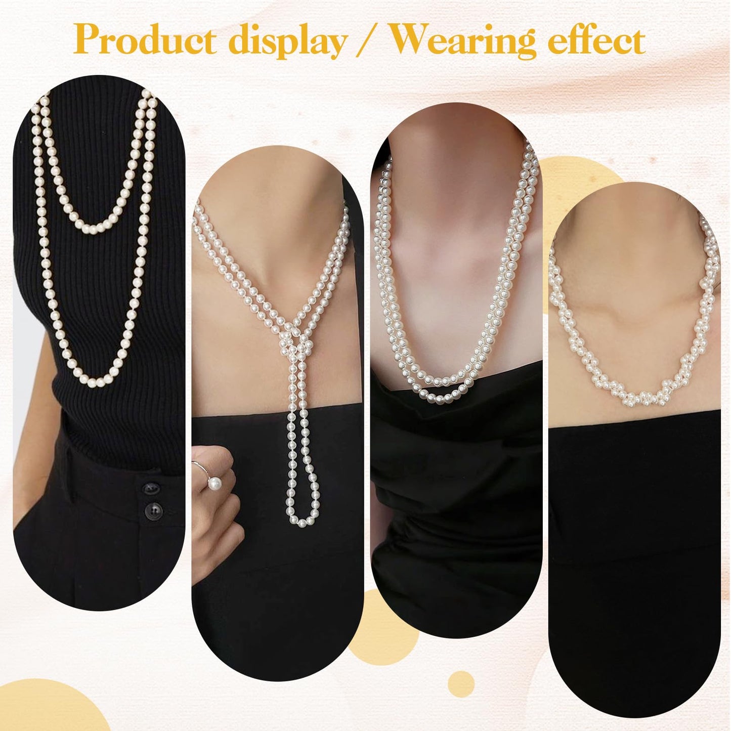 150cm Long Fake Pearl Necklace, 8mm Plastic Pearls Layered Choker for Women, Elegant Imitation Pearl Strand for Wedding, Halloween, Costume Party (White)