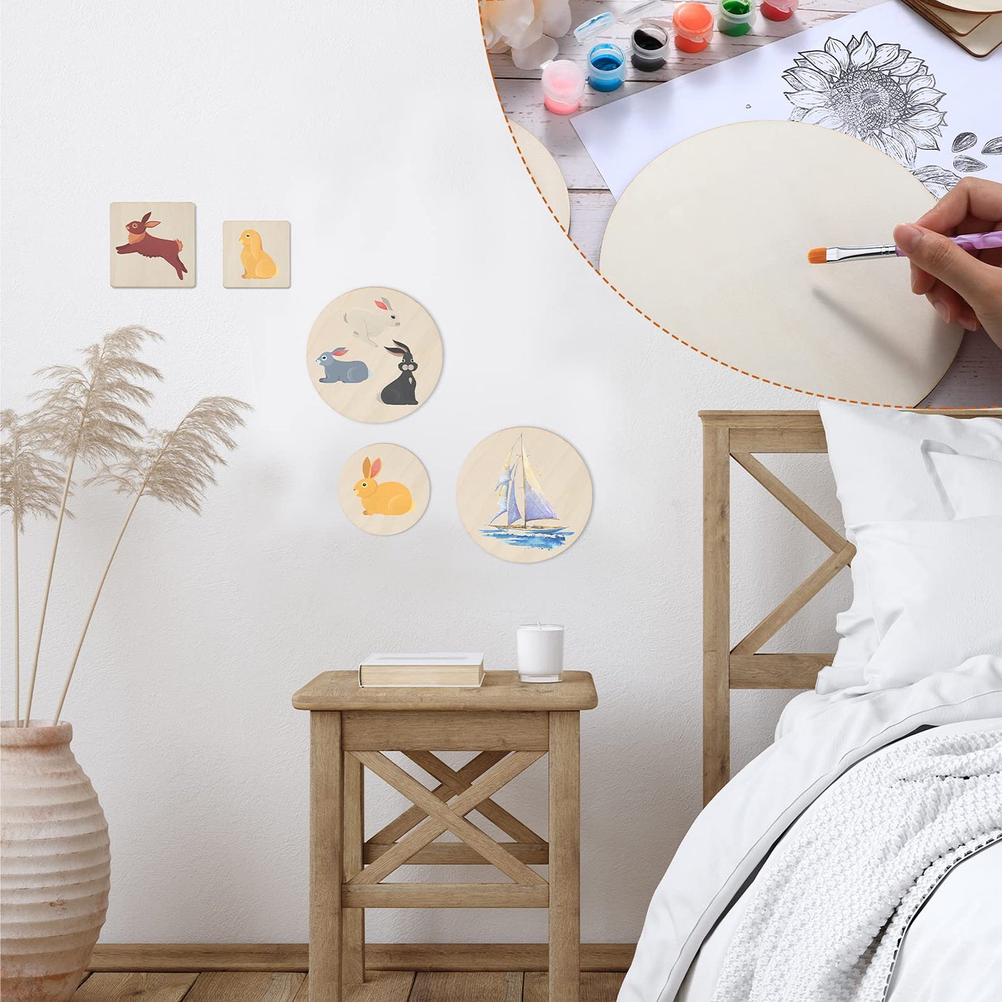 32 Pieces Unfinished Blank Wood Circles Squares for Crafts 3 Sizes Christmas Natural Wood Cutouts Tiles Round DIY Blank Discs for Tree Hanging Decor