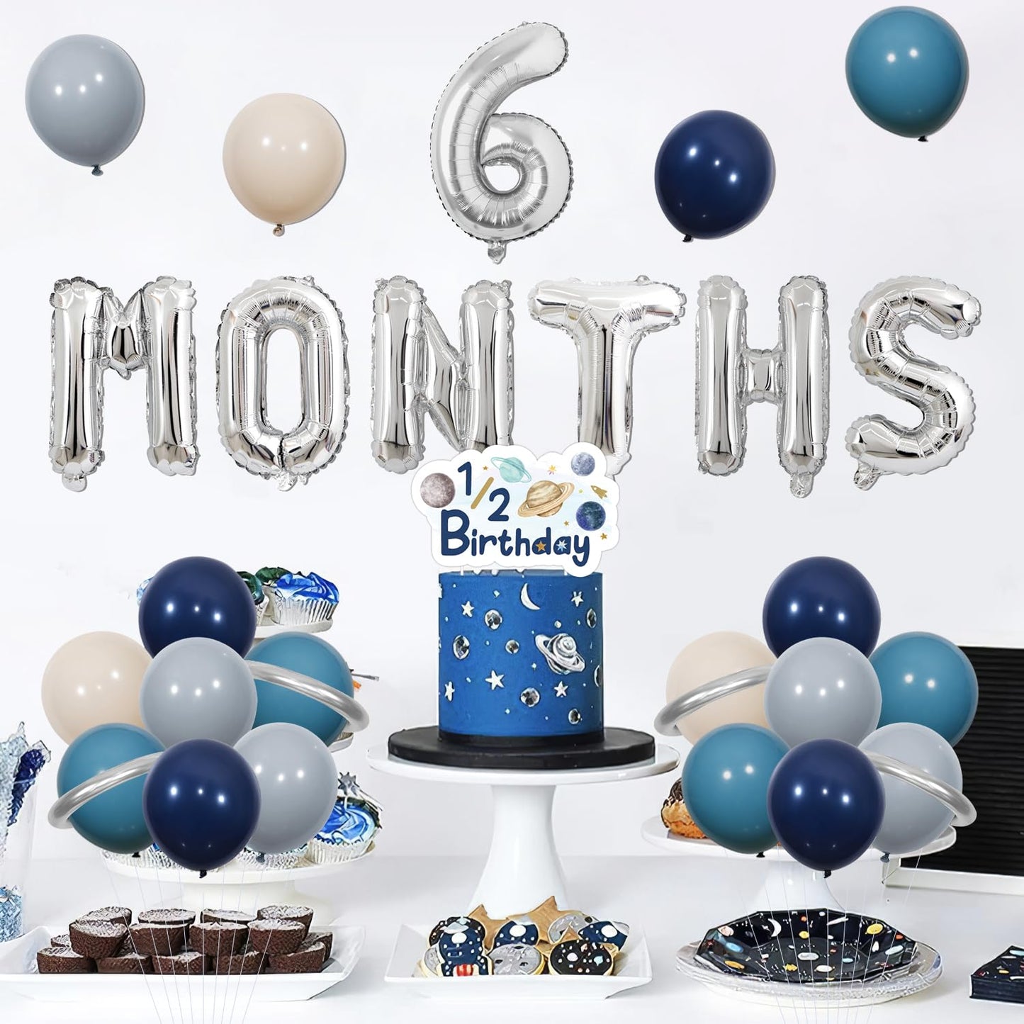Half Way Around The Sun Birthday Decorations, Outer Space Theme It's My 1/2 Birthday Banner 1/2 Birthday Cake Topper 6 Month Balloons Kit for Astronaut Solar System Planet 1/2 Birthday Supplies