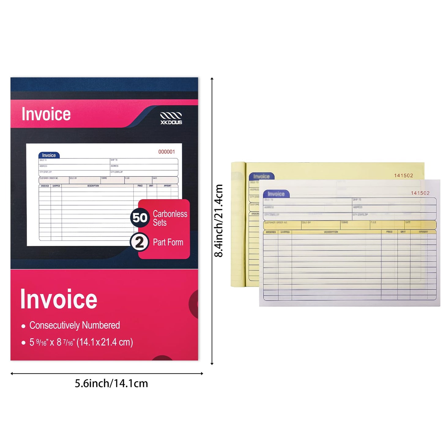 XKDOUS 20 Pack Invoice Book, 2-Part Carbonless, 5-9/16" x 8-7/16" Invoice Receipt Book for Small Business, 50 Sets per Book