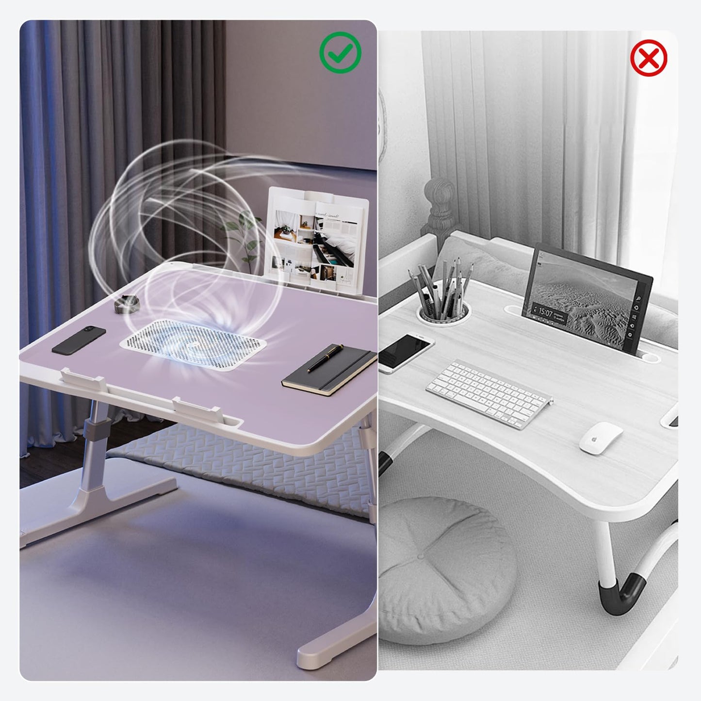 iXTRA Laptop Lap Desk Include Cooling Fan,Adjustable Lap Desk with Light Fan,Folding Laptop Desk for Bed with USB,Bed Desk with Storage Drawer 56x32cm,Purple