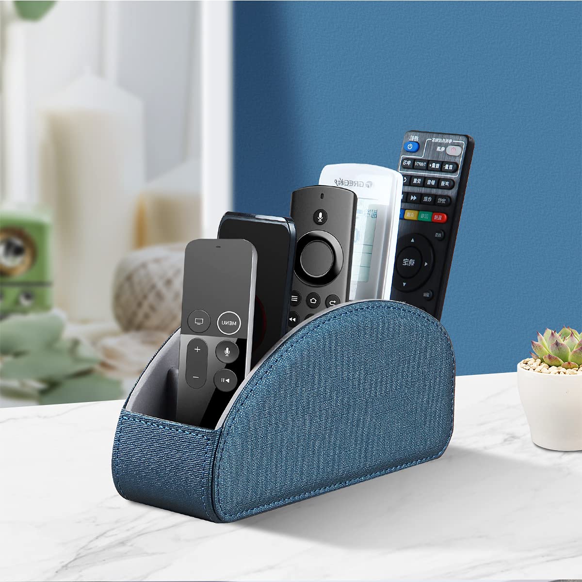 Remote Control Holder Leather TV Remote Caddy for Table, 5 Compartments Nightstand Organizer for Bedroom Accessories/Bedside Remotes/Media Controllers/Office Supplies, Decorations for Living Room