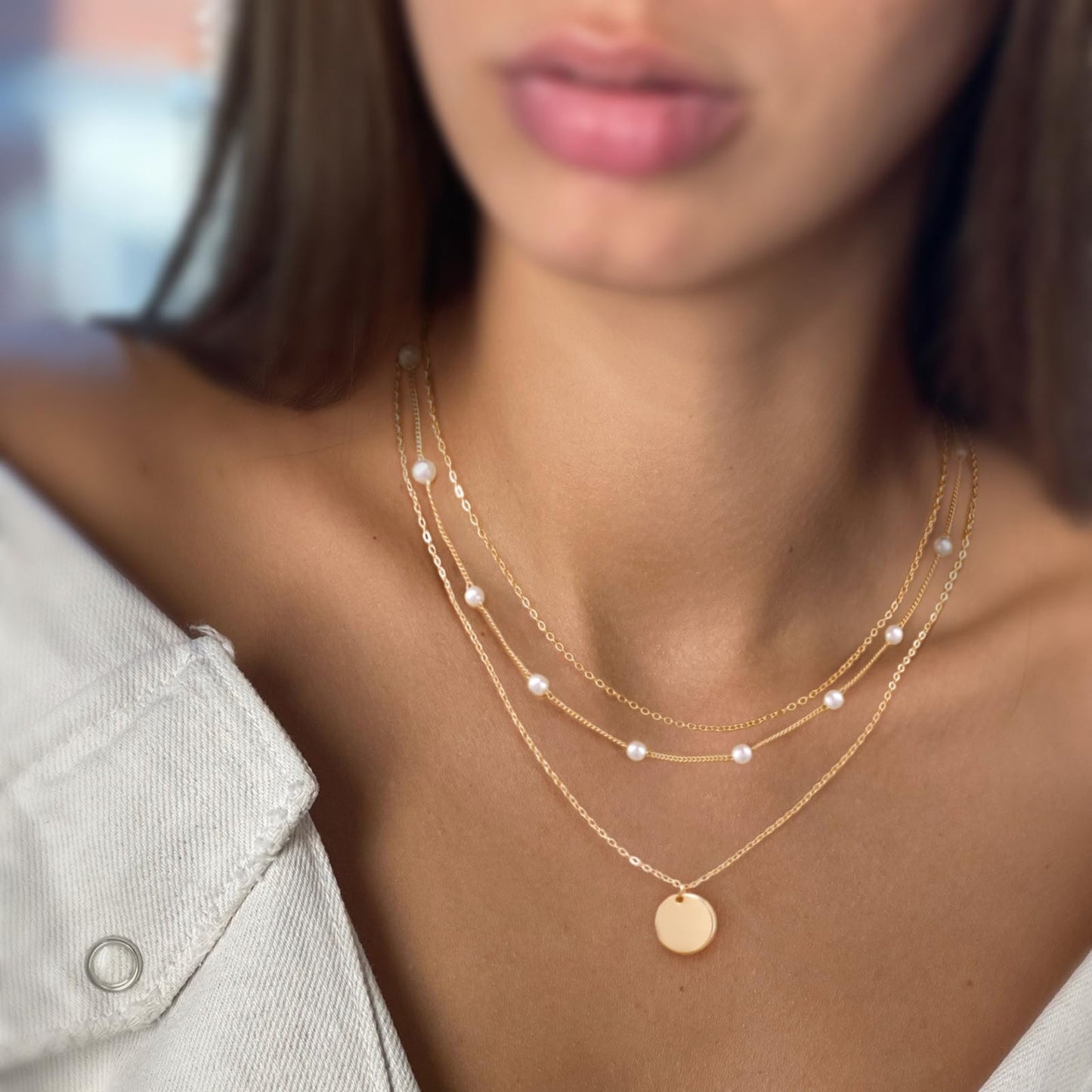 MFRYK Gold Necklaces Stack, 14K Gold Plated Simple Layered Choker Necklaces, Stackable Multilayer Gold Disc Pendant Satellite Pearl Chain Layering Necklaces Set