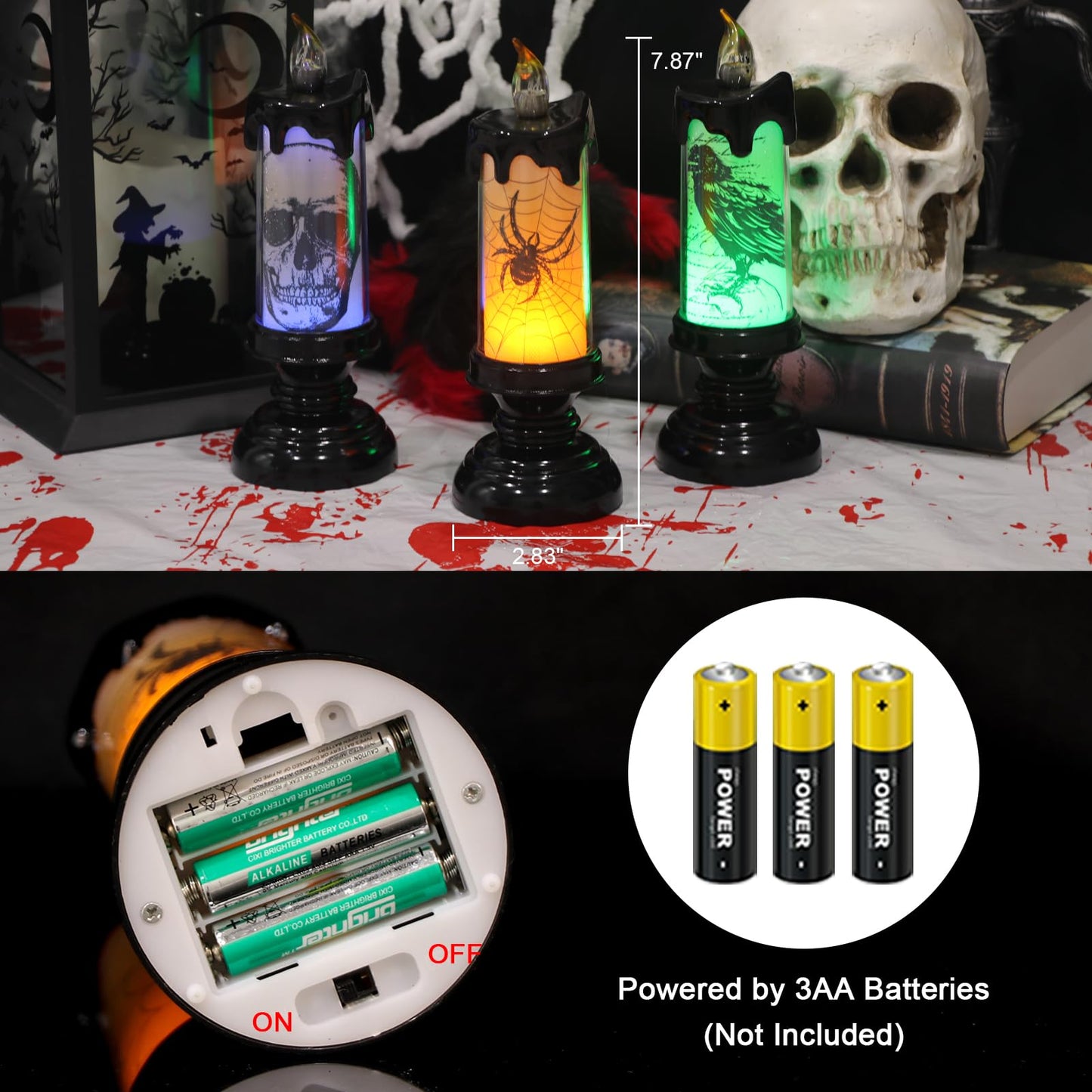GenSwin Halloween Black Flameless Candles Light, 3 Pack LED Battery Operated Candles with Remote Timer, Table Centerpiece for Halloween Decorations(Skulls, Spiders, Crows)