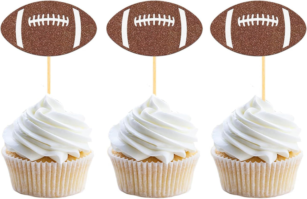 24pc Glitter Football Cupcake Toppers for Football Party, Baby Shower Decorations