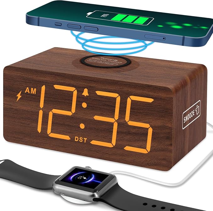 DreamSky Wooden Digital Alarm Clock with Wireless Charging for Bedroom