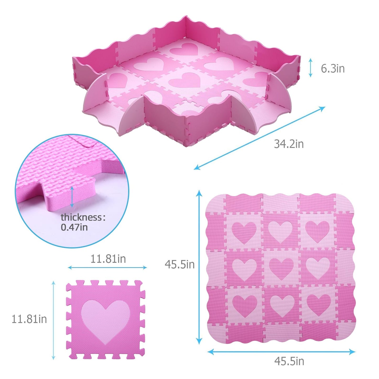 Tamiplay Foam Play Mat for Kids, 25pcs Square Interlocking Puzzle Floor Mat, Baby Toddler Playmat with Fence - Pink Heart