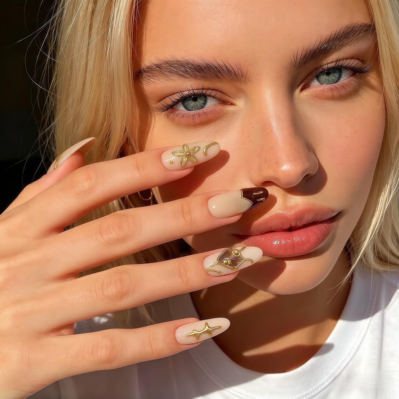 WZHAOJUN Handmade Press On Nails,Medium Gold Presson Nails For Women,10pcs Abs Material Fake Nails With Design-Reusable Glue On Hand Made Nails For Party Wedding(10Pcs Size M)