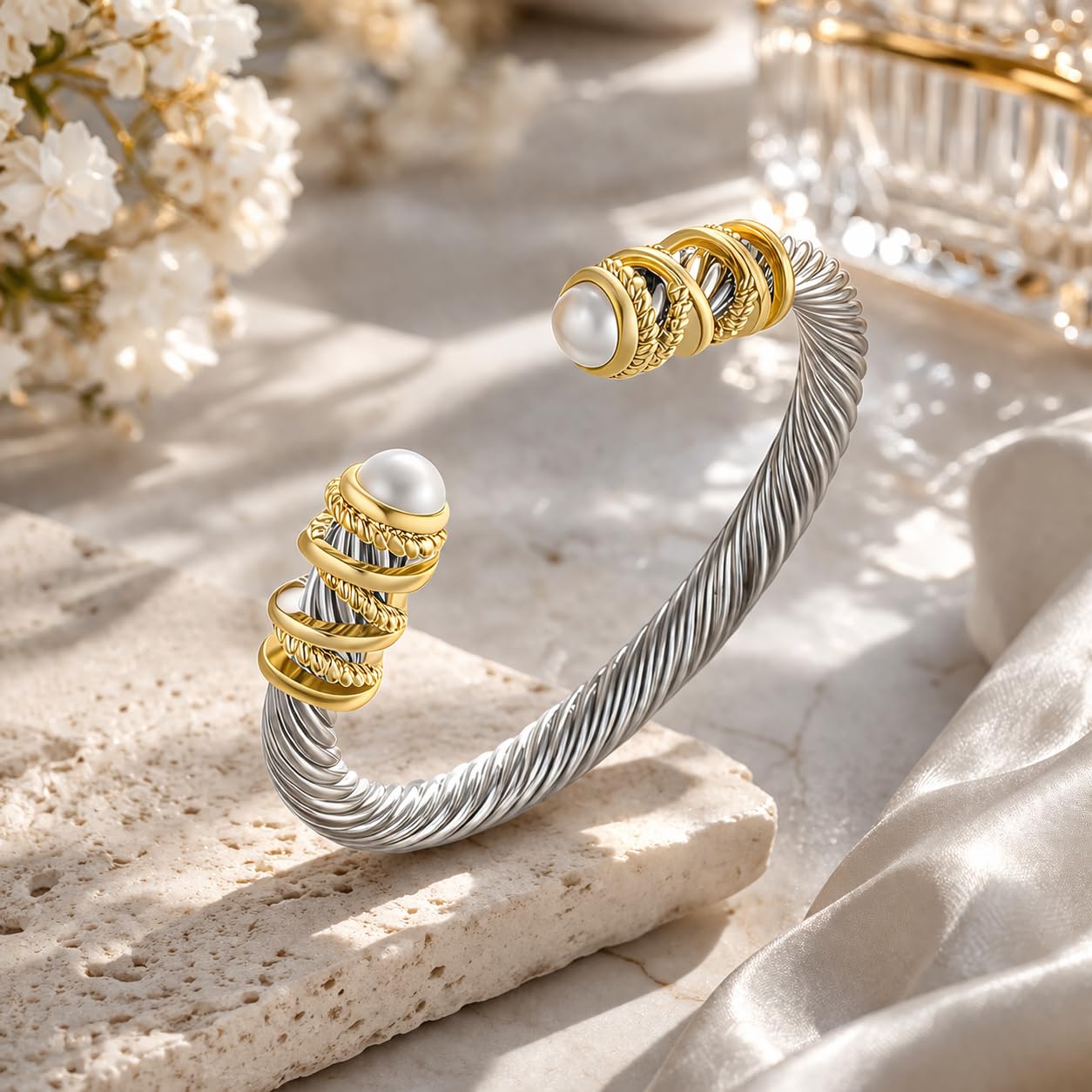 OSIRIDEH2 Elegant Twisted Cable Bangle Bracelet for Women - Open Cuff Classic Jewelry Gift for Anniversary, Valentine, Birthday (Twisted Gold)