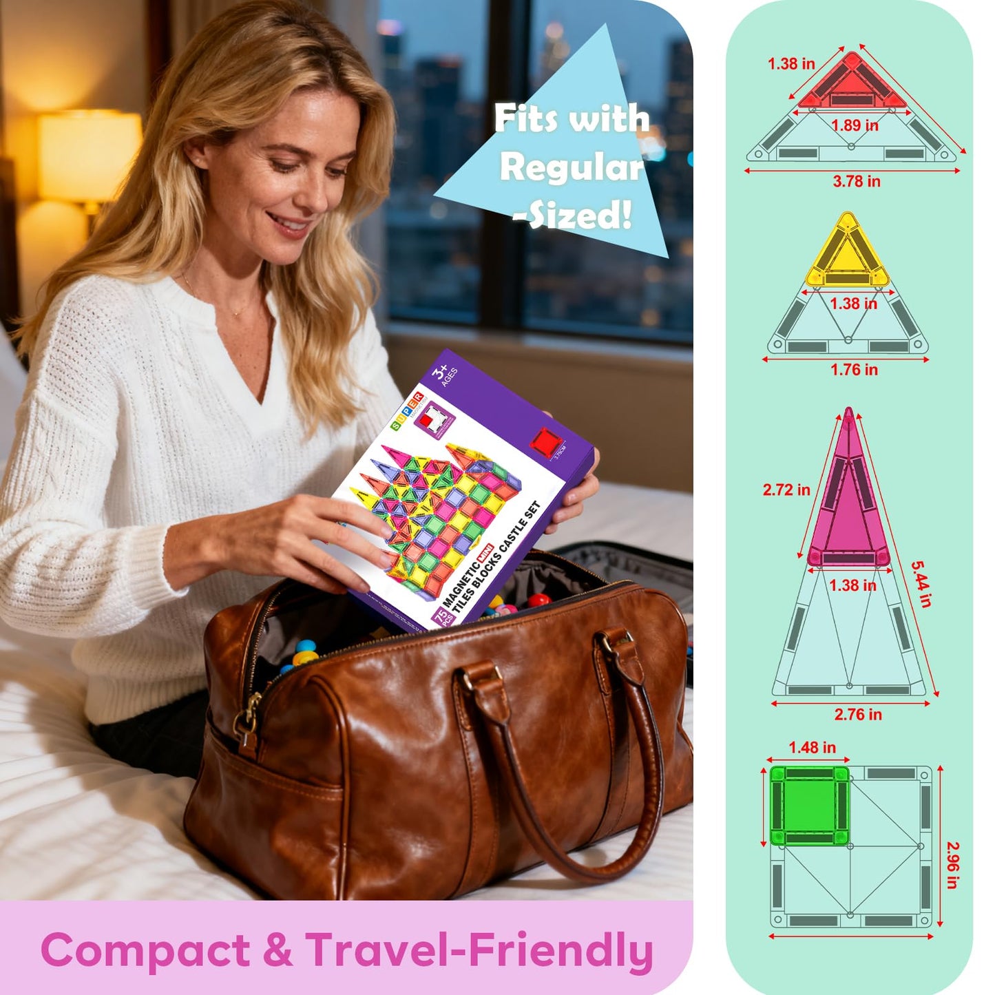 Mini Magnetic Tiles - 75 PCS Travel Magnetic Tiles, Micro Magnet Travel Toy for Kids Ages 3+, STEM Educational Building Set Construction Toys, Boys Girls Toddlers Birthdays Day Gifts