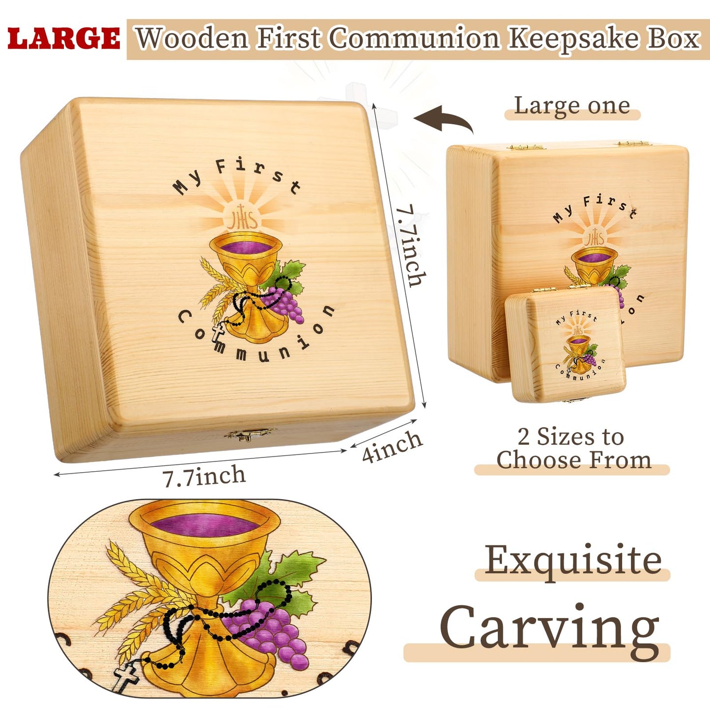 Wonderjune First Communion Wooden Keepsake Box First Holy Communion Gift Cross Rosary Jewelry Box Baptism Gift Memory Storage Box(7.7 x 7.7 x 4 Inches)