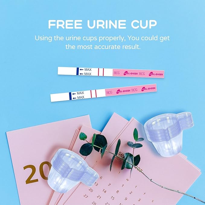 Pregnancy Tests with Cup, HEAL-CHECK Bulk Pregnancy Test Strips for Home Detection, Over 99% Accuracy, Individually Wrapped, 5mm Width HCG Test Kit, Fertility Value Pack, FSA HSA Eligible, 50 Count
