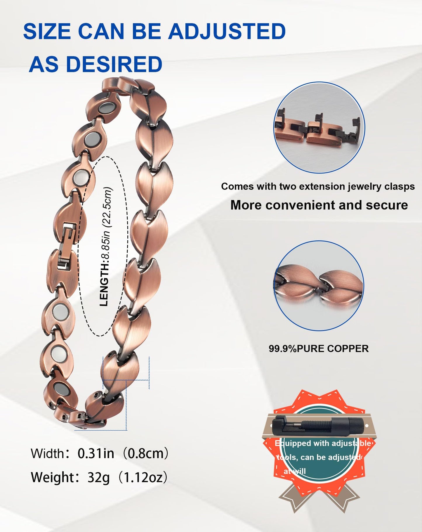 MagSølv Copper Magnetic Anklet for Women, 99% Pure Copper Ankle Bracelet with 3500 Gauss and Adjustable Link Buckle