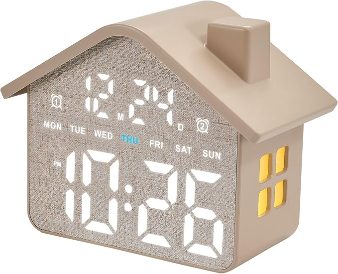 Plumeet Digital Alarm Clock, Bedroom Clock with Large Numbers, Date, Week, Dual Alarms, Dimmer and Ambient Light, House-Shaped Electric Bedside Desk Clock, Adapter Batteries Powered, Grey