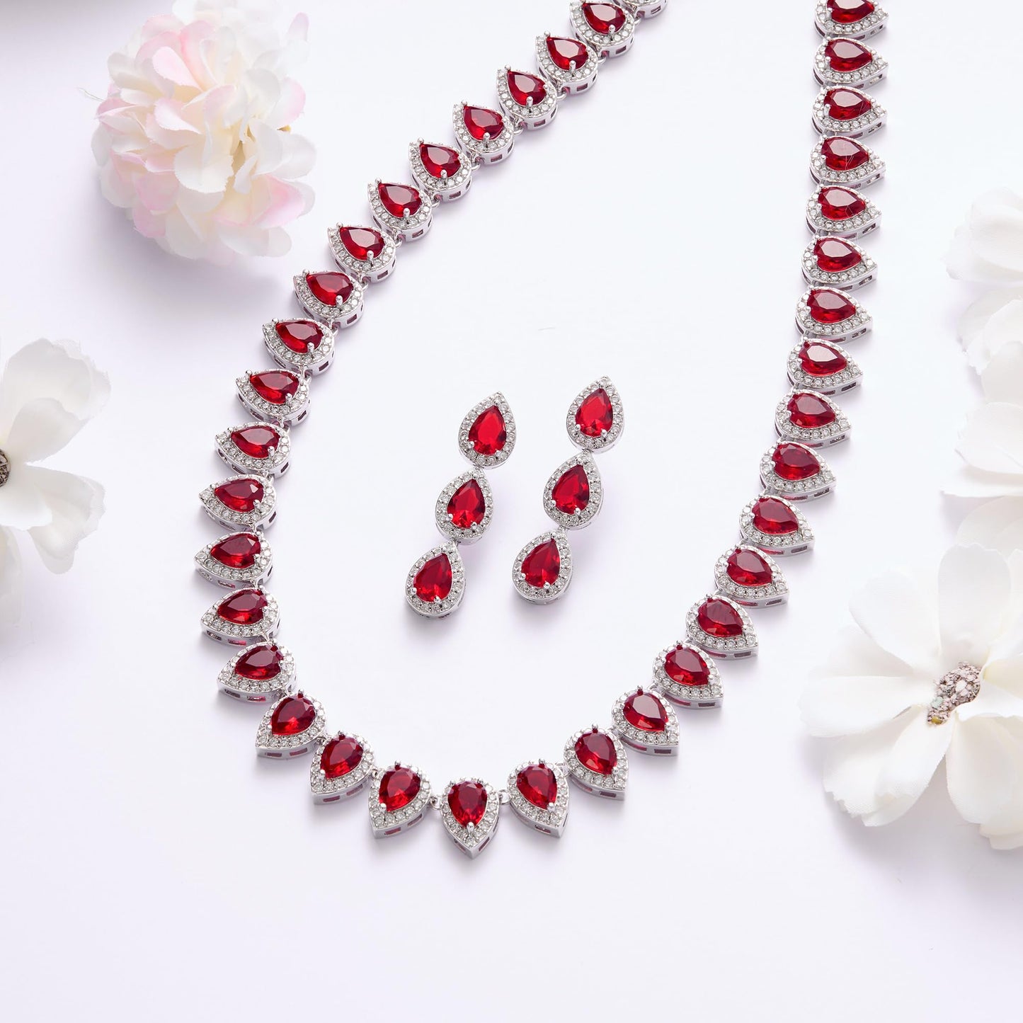 EleQueen Women's Wedding Bridal Full Prong Cubic Zirconia Teardrop Necklace Earrings Set for Brides Bridesmaids Ruby Color
