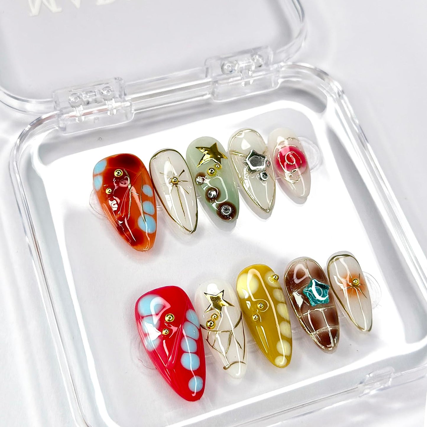 Luxury Press on Nails Medium Almond Handmade 3D Unique Reusable ABS Material Fake Nails Y2K Silver Curve Line False Nails with Designs Stars Art Glossy Glue on Nails Thick Acrylic Nails(S)